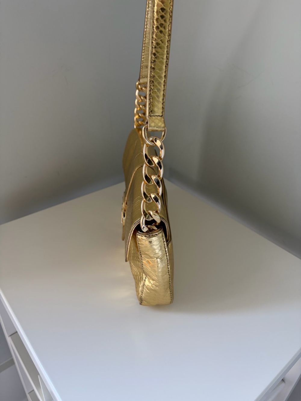 Michael Kors Metallic Gold Snake-Embossed Shoulder Bag with Charm - Picture 3 of 12